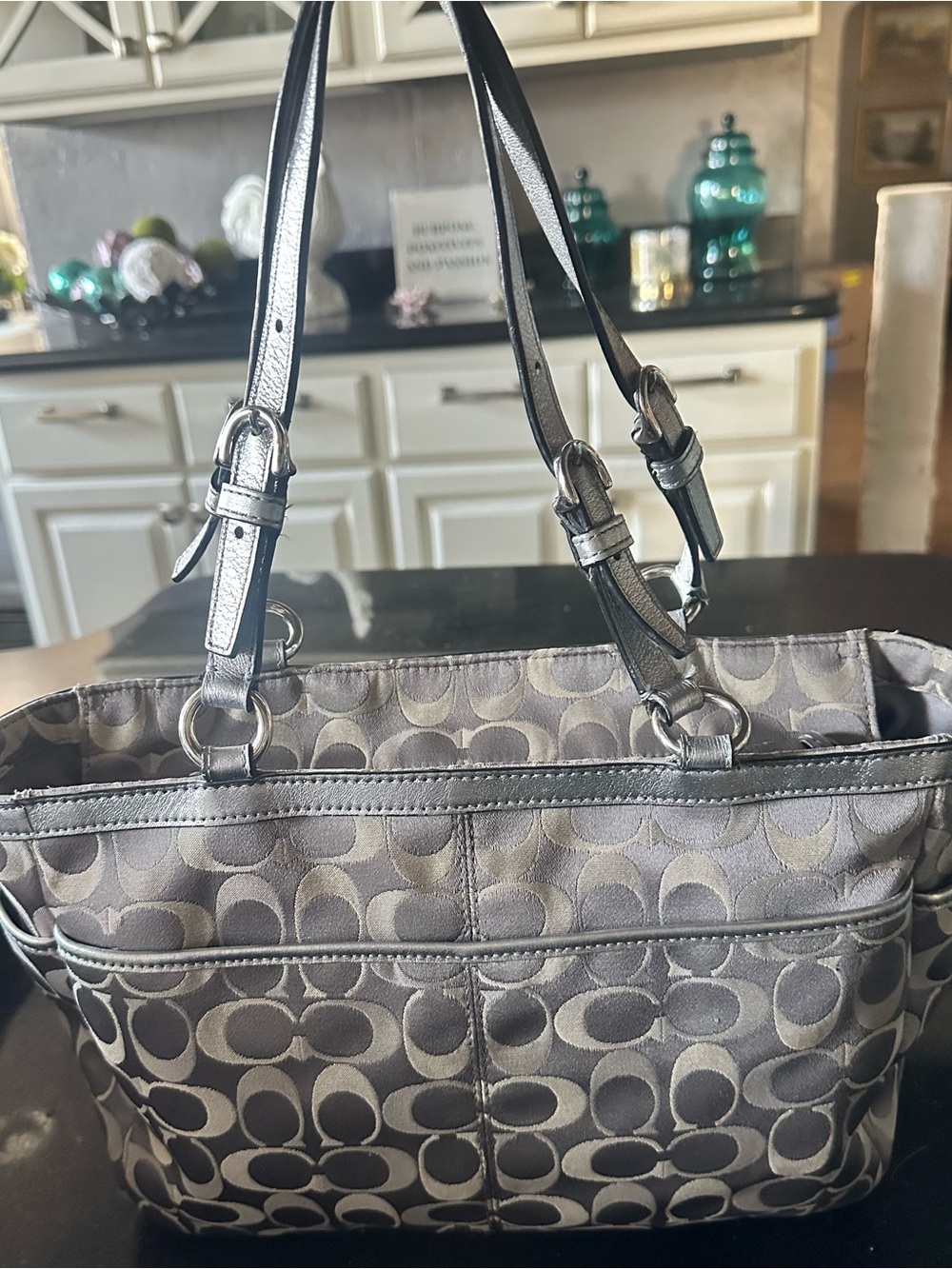 ✨AUTHENTIC✨ Coach Signature Monogram Satin Signature Shoulder Bag Gray/Silver - Picture 11 of 11